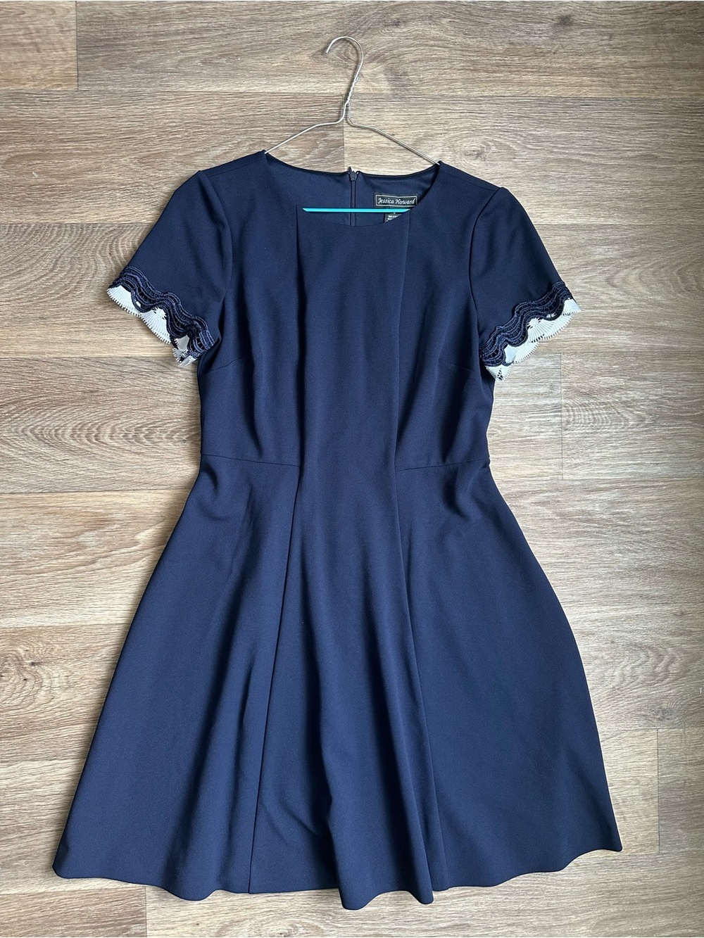 Jessica Howard Navy Blue Fit & Flare Dress Eyelet Lace Sleeve Trim Size 6